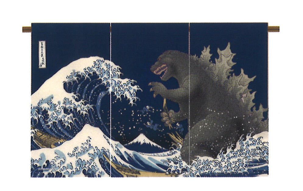 Godzilla Noren Curtains [Thirty-six Views of Mount Fuji - Giant Monsters, Navy Blue]